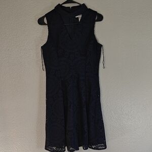 London Times Navy Sleeveless Lace Dress